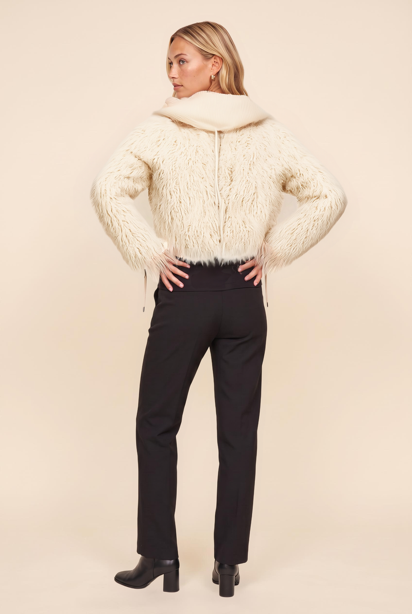 Kovelle hooded cropped faux fur jacket in cream, back view on model