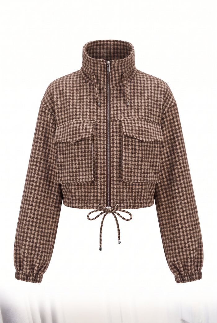 Kovelle houndstooth cropped bomber in brown houndstooth, flat product view showing the full garment