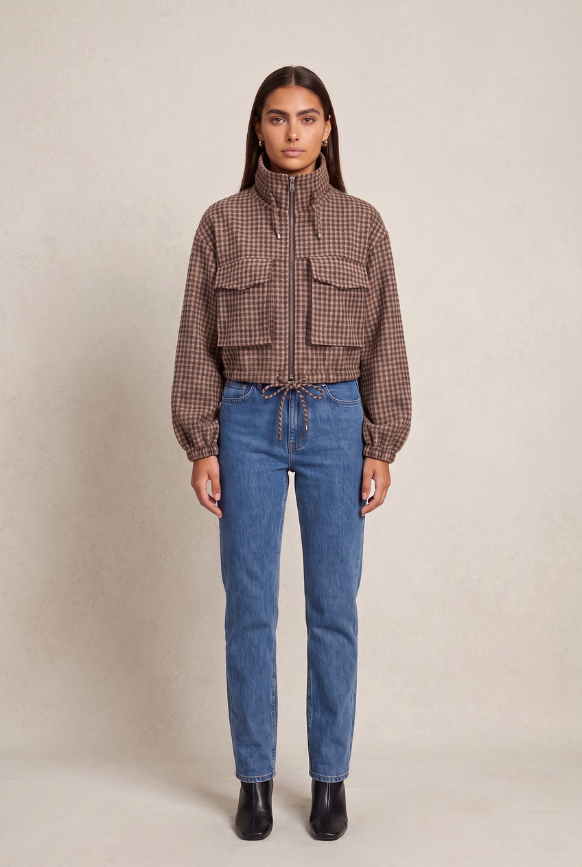 Kovelle houndstooth cropped bomber in brown houndstooth, front view on model