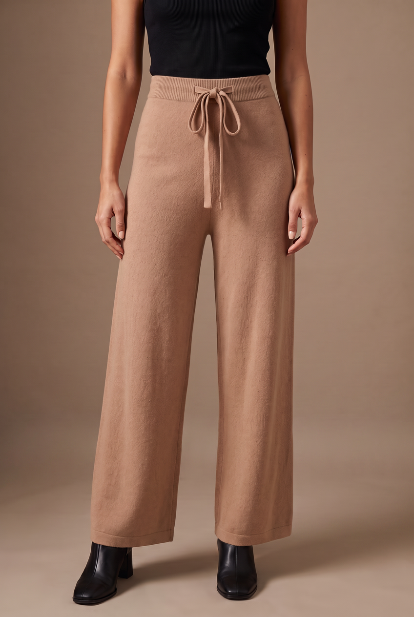 Kovelle knitted wide leg trousers in camel, close-up detail on model