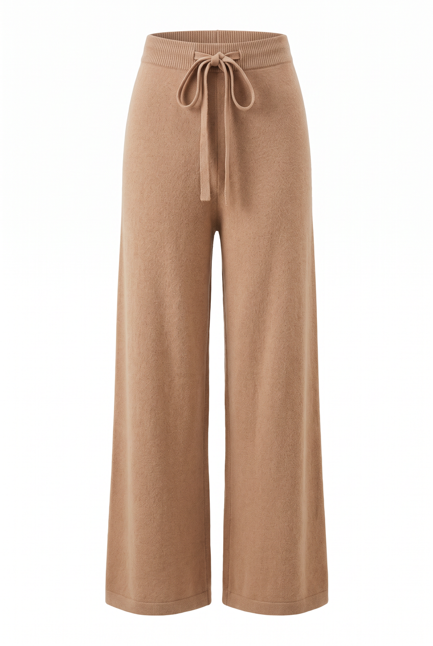 Kovelle knitted wide leg trousers in camel, flat product view showing the full garment