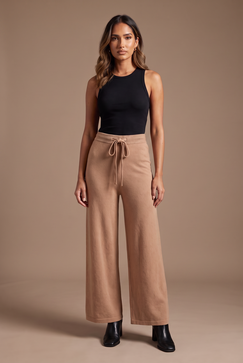 Kovelle knitted wide leg trousers in camel, front view on model