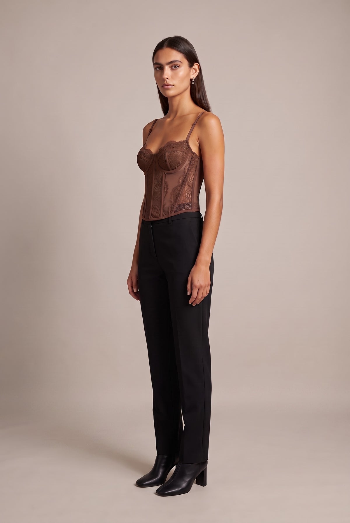 Kovelle lace bustier top in chocolate, close-up detail on model