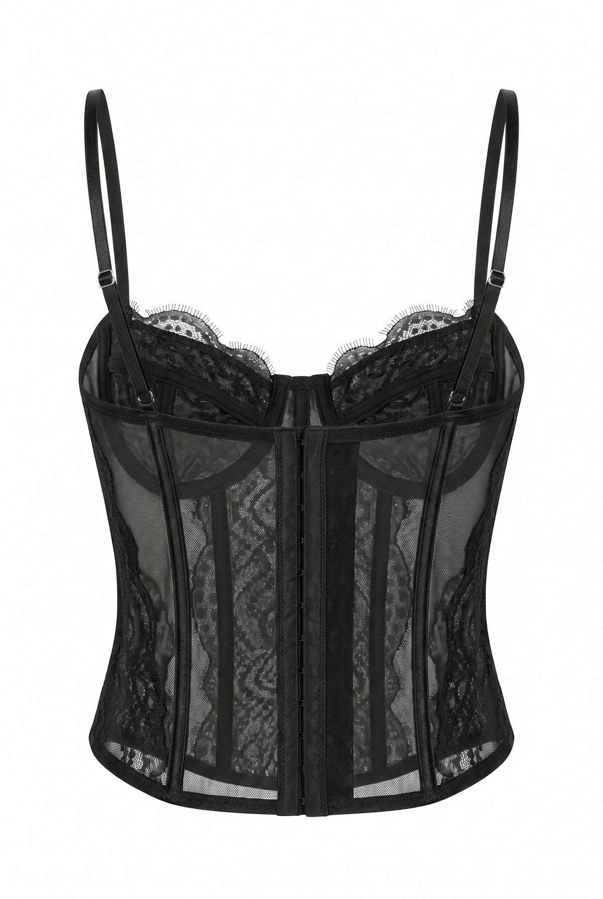 Kovelle lace bustier top in black, flat product view
