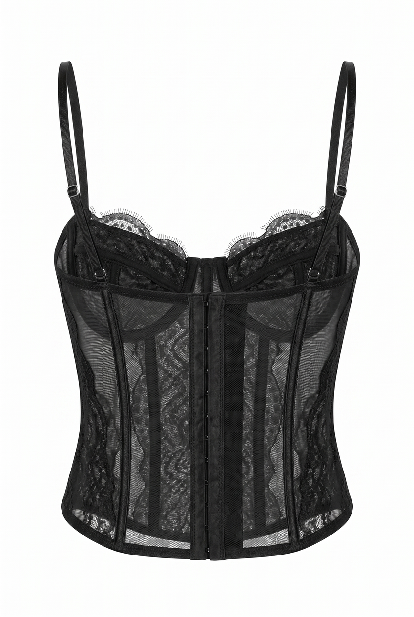 Kovelle lace bustier top in black, flat product view