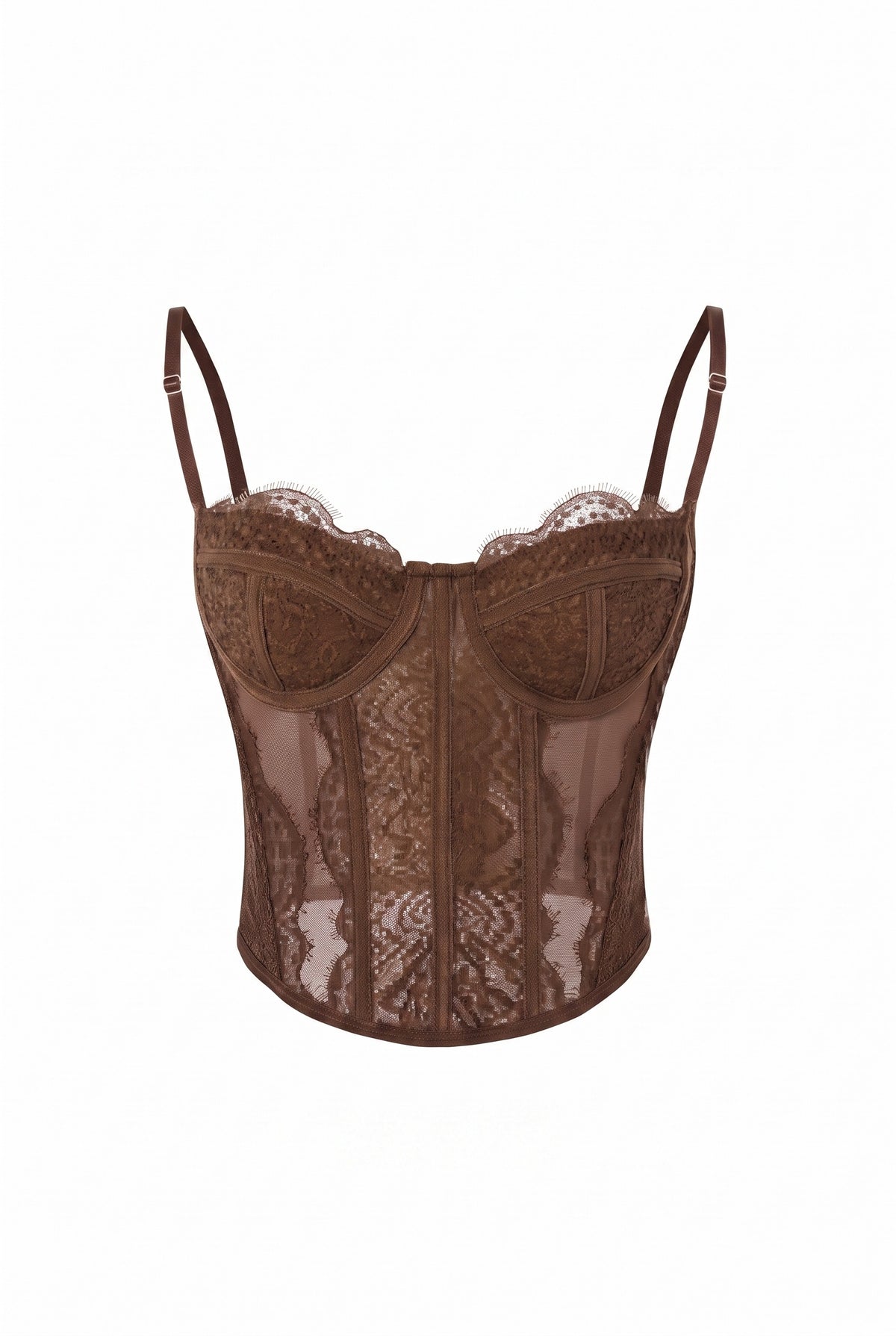 Kovelle lace bustier top in chocolate, flat product view showing the full garment