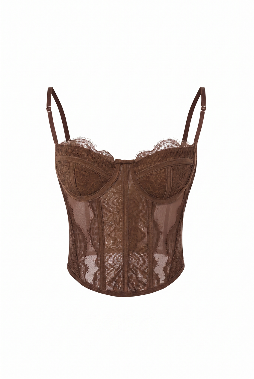Kovelle lace bustier top in chocolate, flat product view showing the full garment