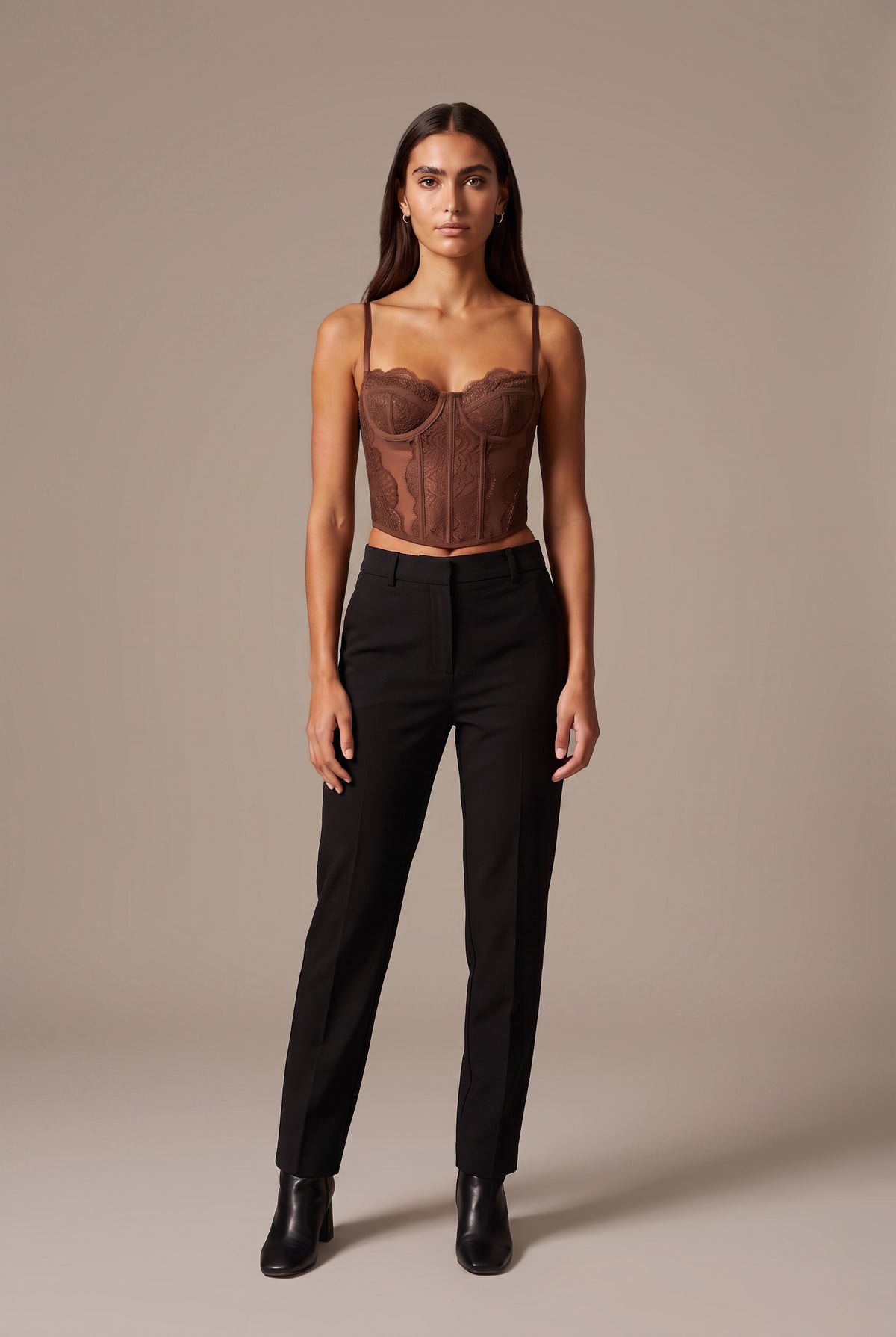 Kovelle lace bustier top in chocolate, front view on model