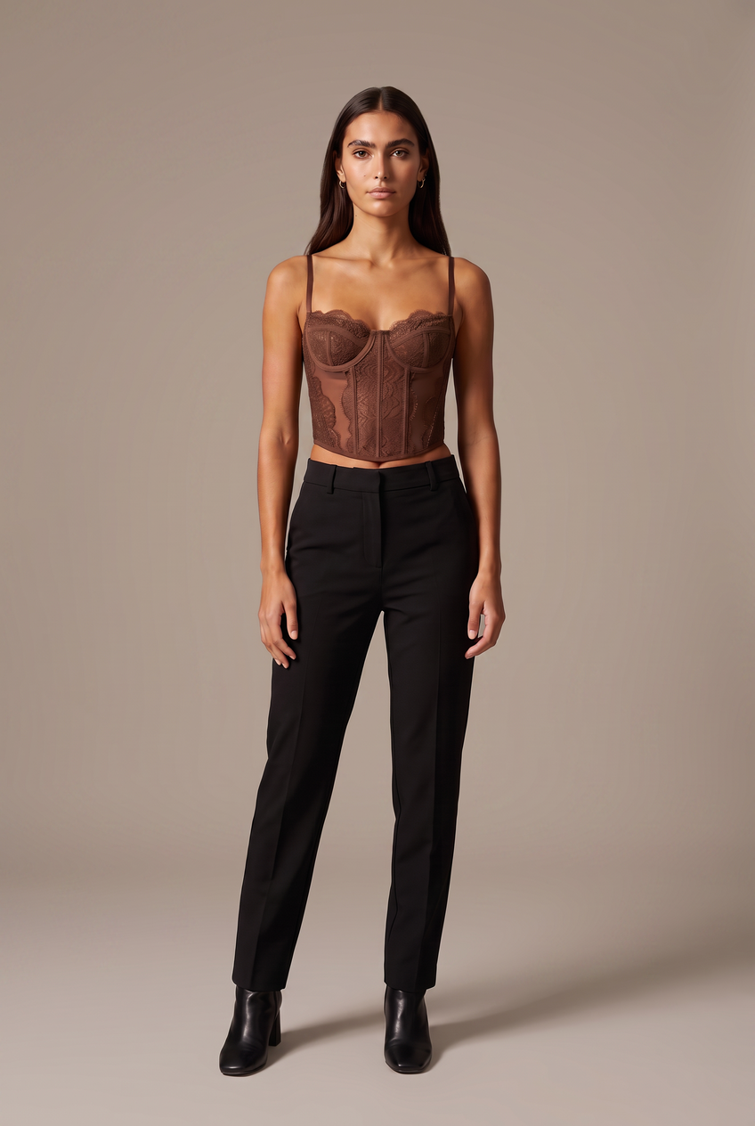 Kovelle lace bustier top in chocolate, front view on model