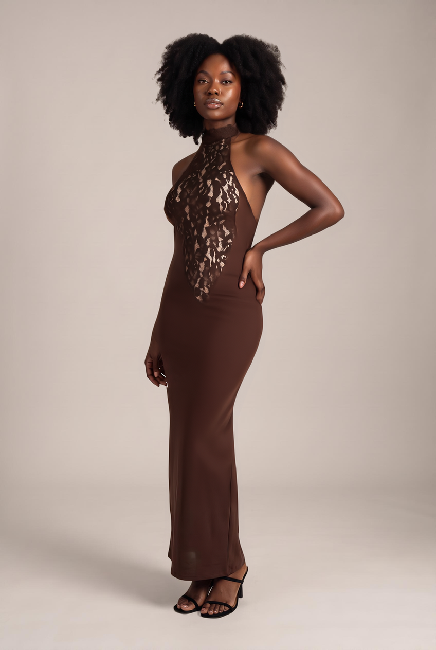 Kovelle lace halter maxi dress in chocolate, front view on model