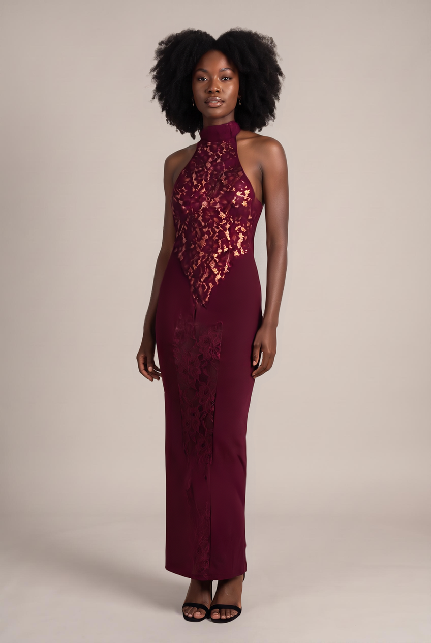 Kovelle lace halter maxi dress in burgundy, front view on model