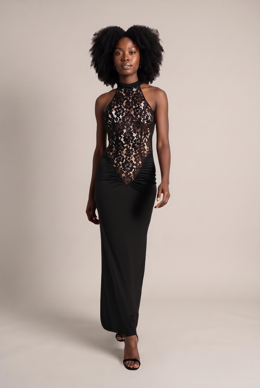 Kovelle lace halter maxi dress in black, walking, full length on model