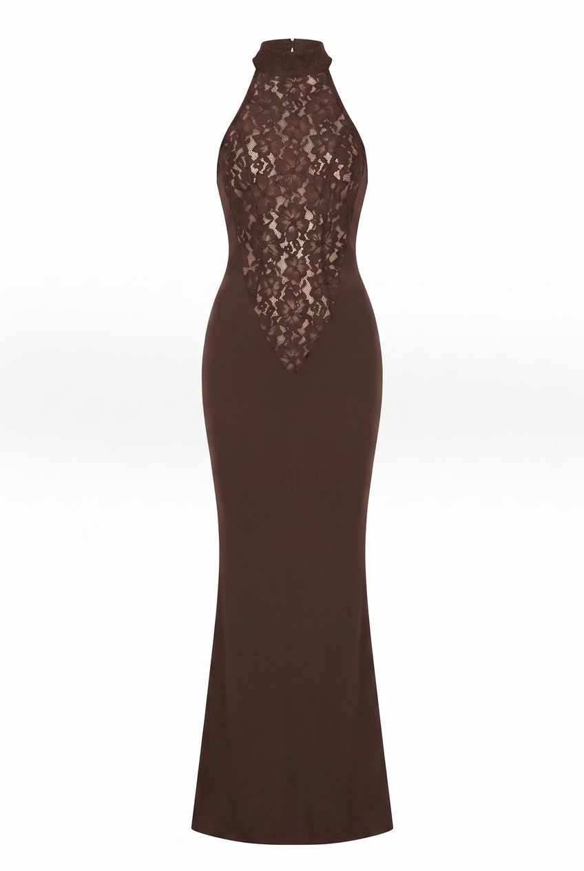 Kovelle lace halter maxi dress in chocolate, flat product view