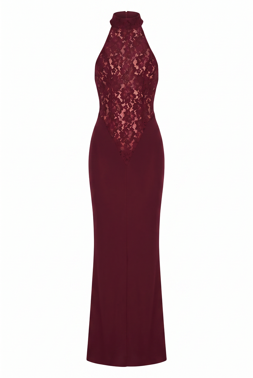 Kovelle lace halter maxi dress in burgundy, flat product view