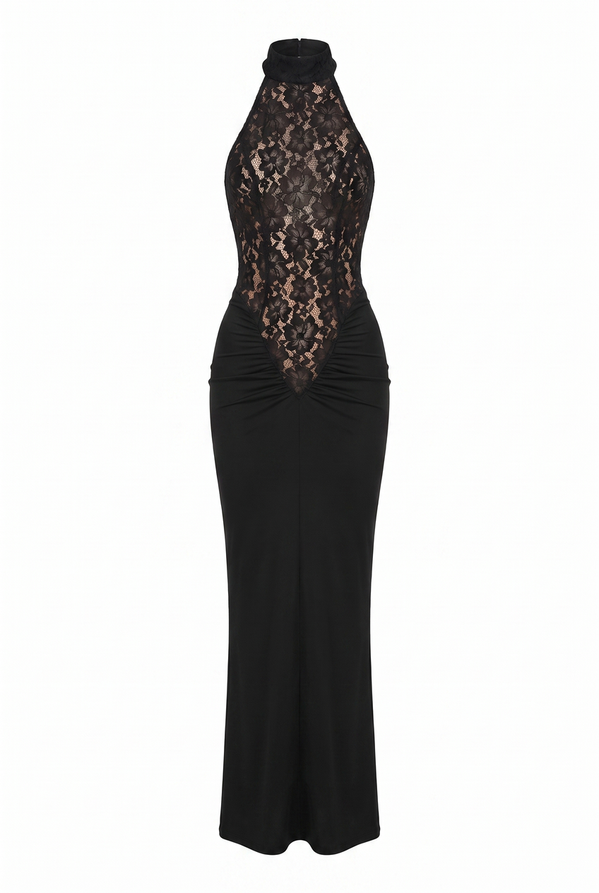 Kovelle lace halter maxi dress in black, flat product view showing the full garment
