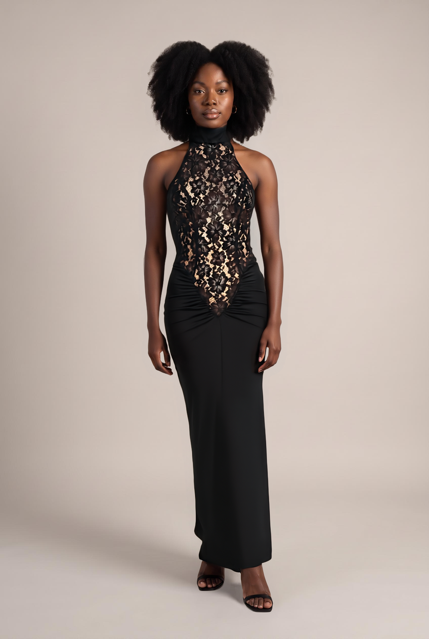 Kovelle lace halter maxi dress in black, front view on model