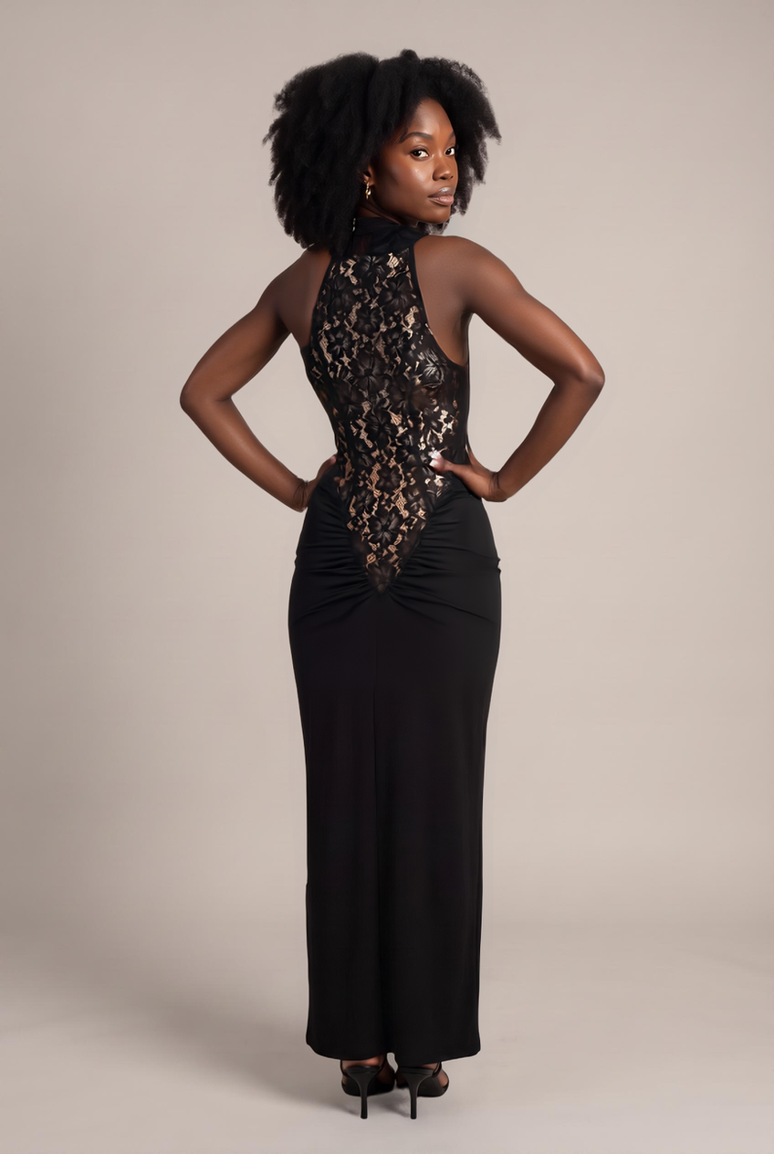 Kovelle lace halter maxi dress in black, back view on model