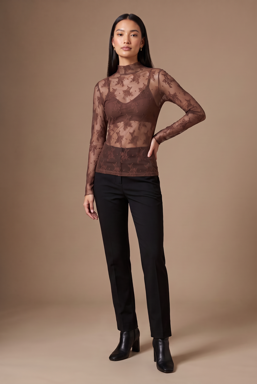 Kovelle lace high neck top in chocolate, front view on model