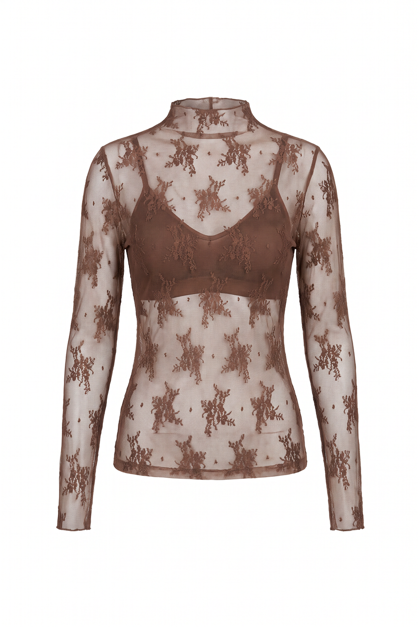 Kovelle lace high neck top in chocolate, flat product view