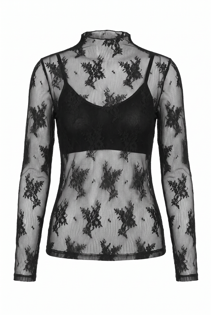 Kovelle lace high neck top in black, flat product view showing the full garment