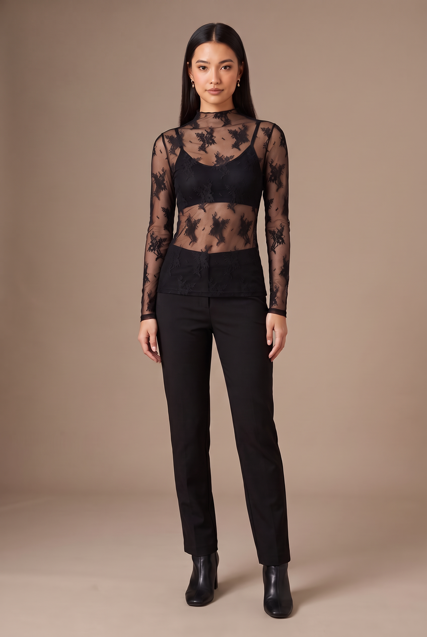Kovelle lace high neck top in black, front view on model