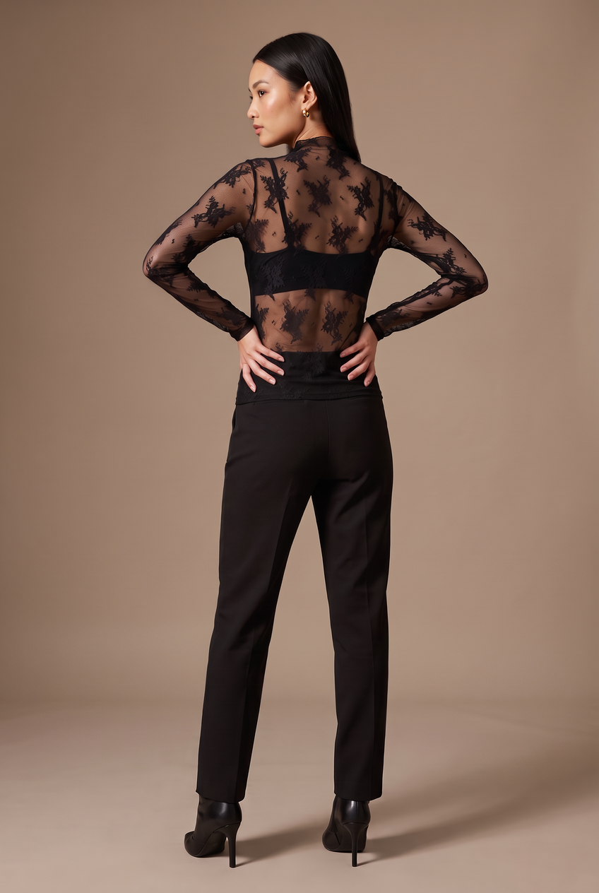 Kovelle lace high neck top in black, back view on model