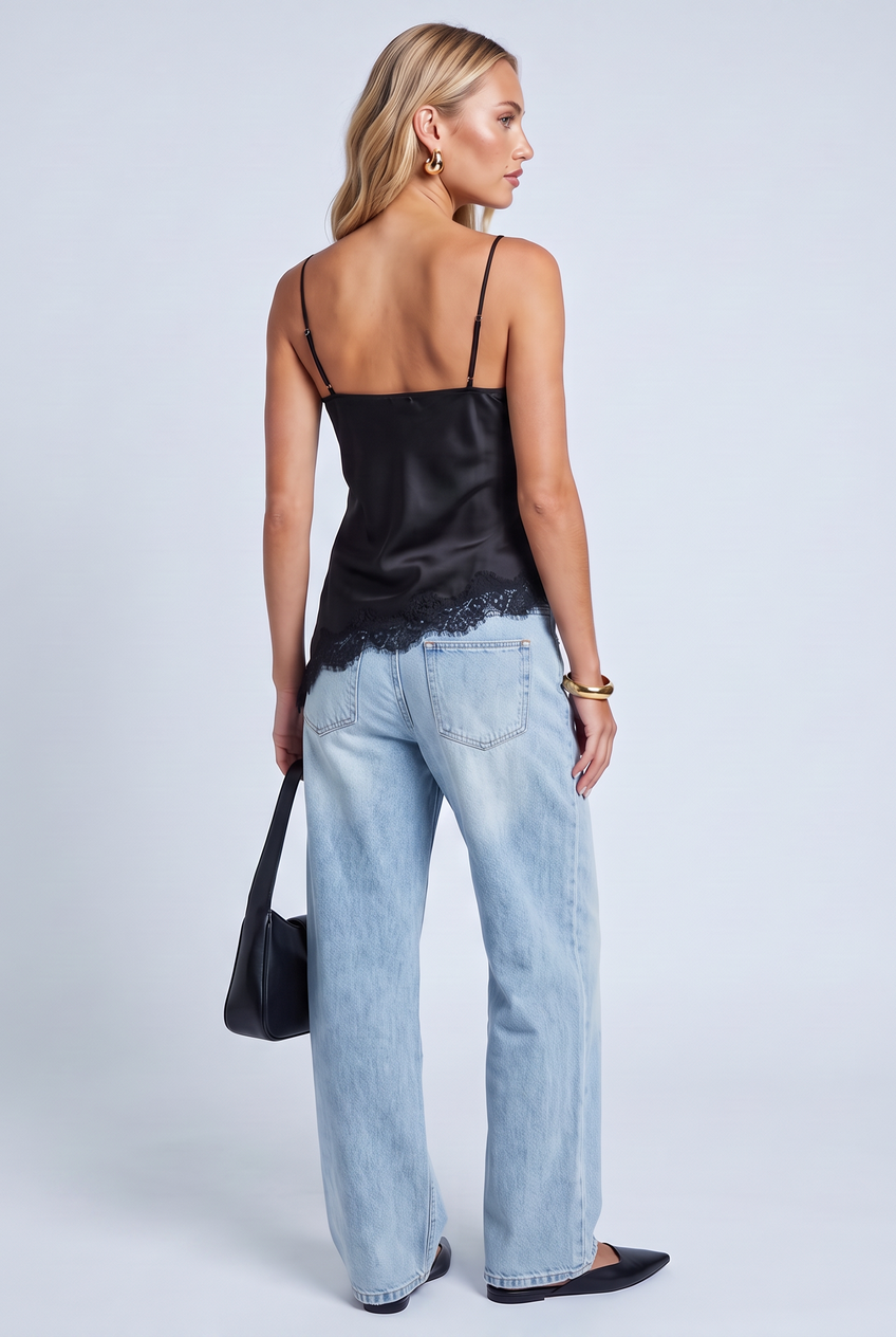 Kovelle lace panel satin cami in black, back view on model
