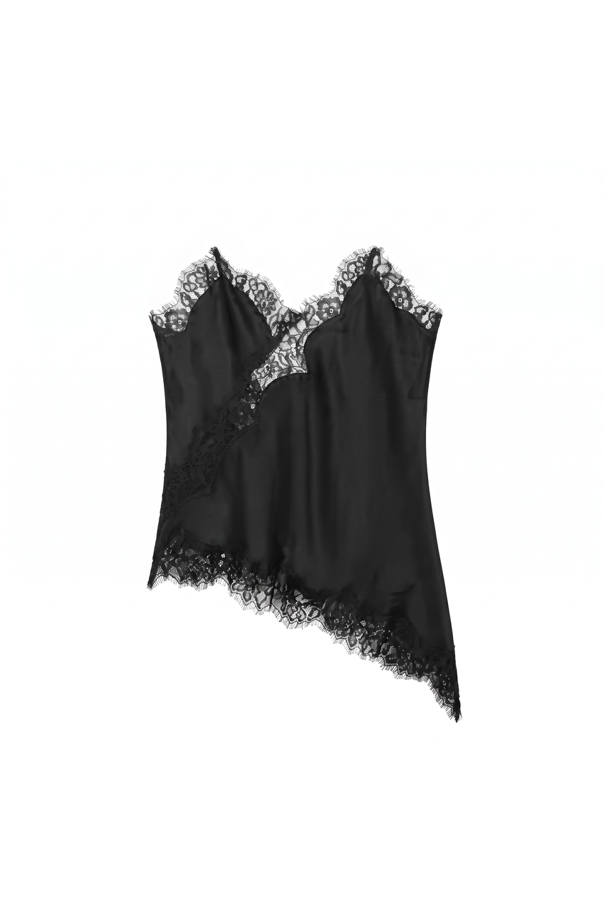 Kovelle lace panel satin cami in black, flat product view showing the full garment
