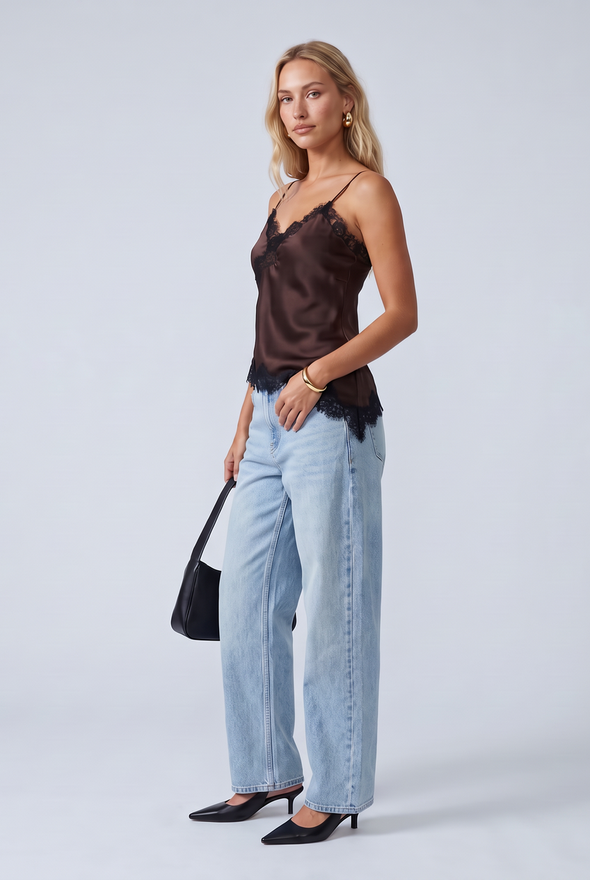 Kovelle lace panel satin cami in coffee, front view on model