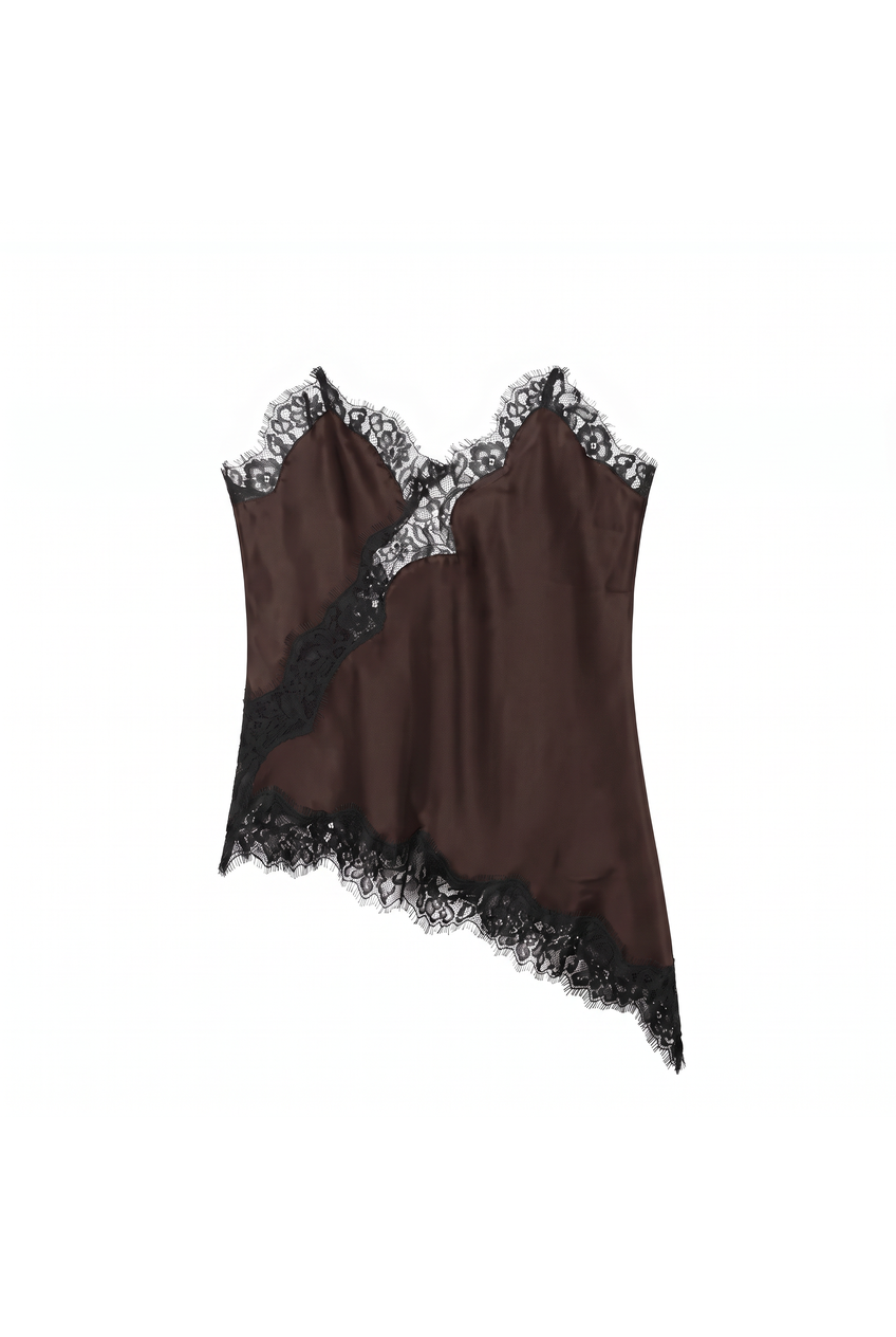 Kovelle lace panel satin cami in coffee, flat product view