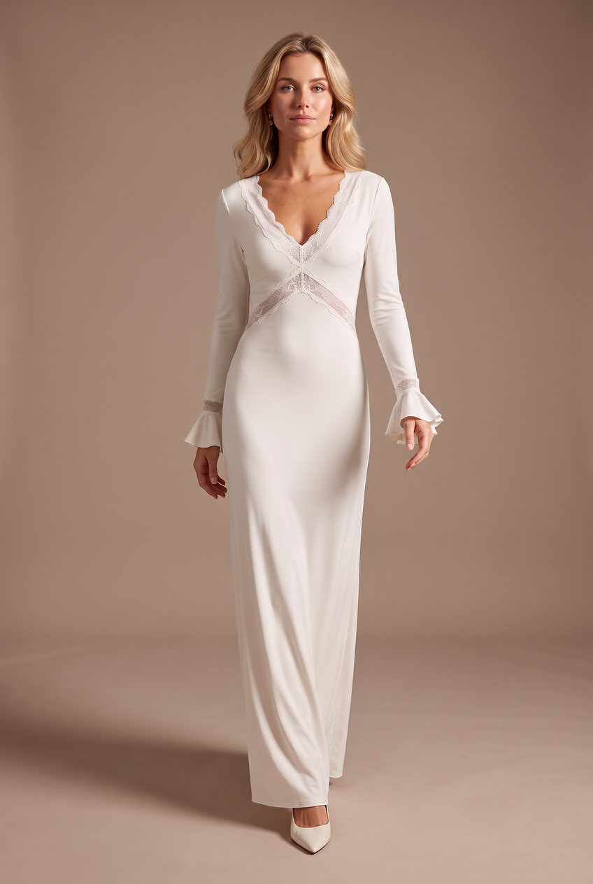 Kovelle lace trim slinky maxi dress in ivory, walking, full length on model