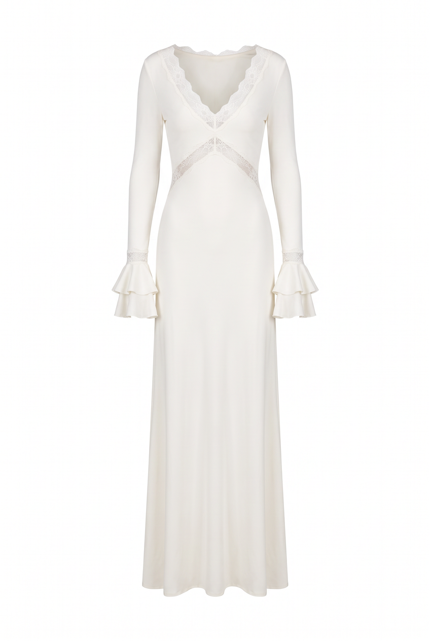 Kovelle lace trim slinky maxi dress in ivory, flat product view showing the full garment