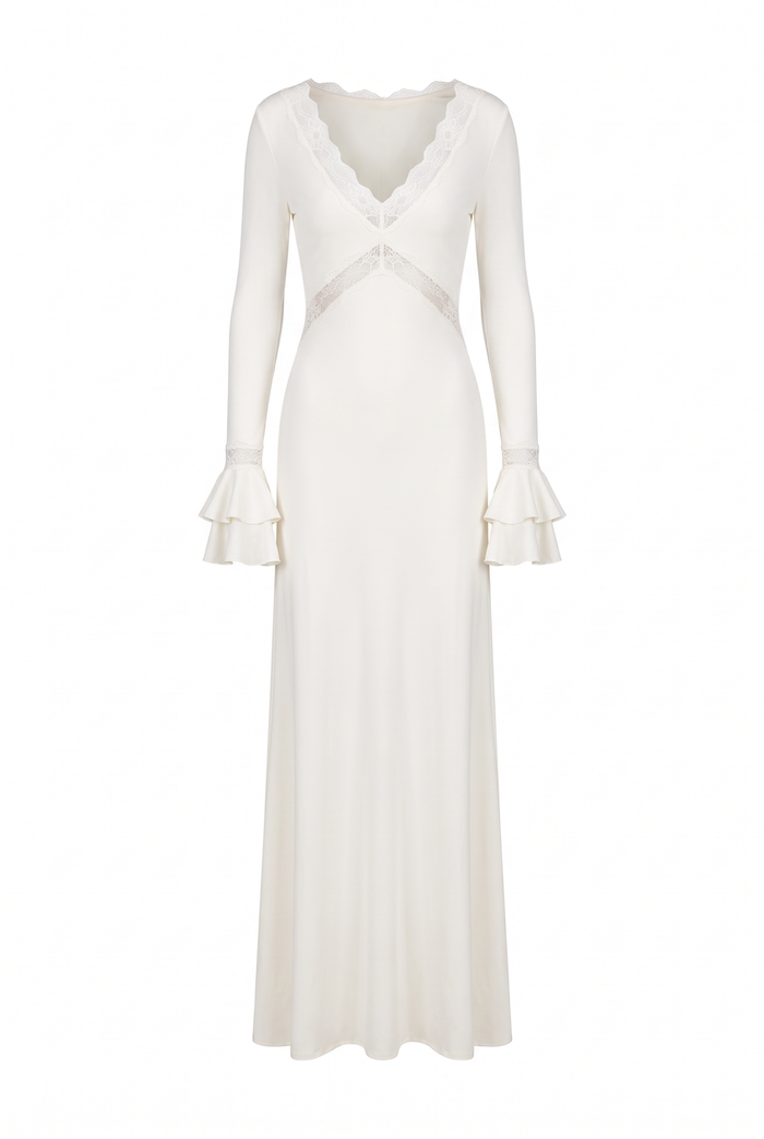 Kovelle lace trim slinky maxi dress in ivory, flat product view showing the full garment