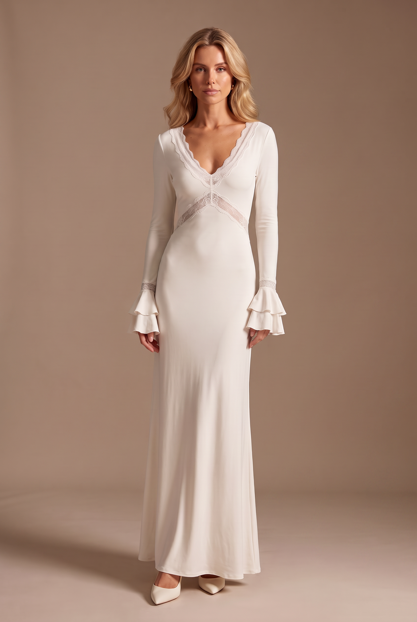 Kovelle lace trim slinky maxi dress in ivory, front view on model