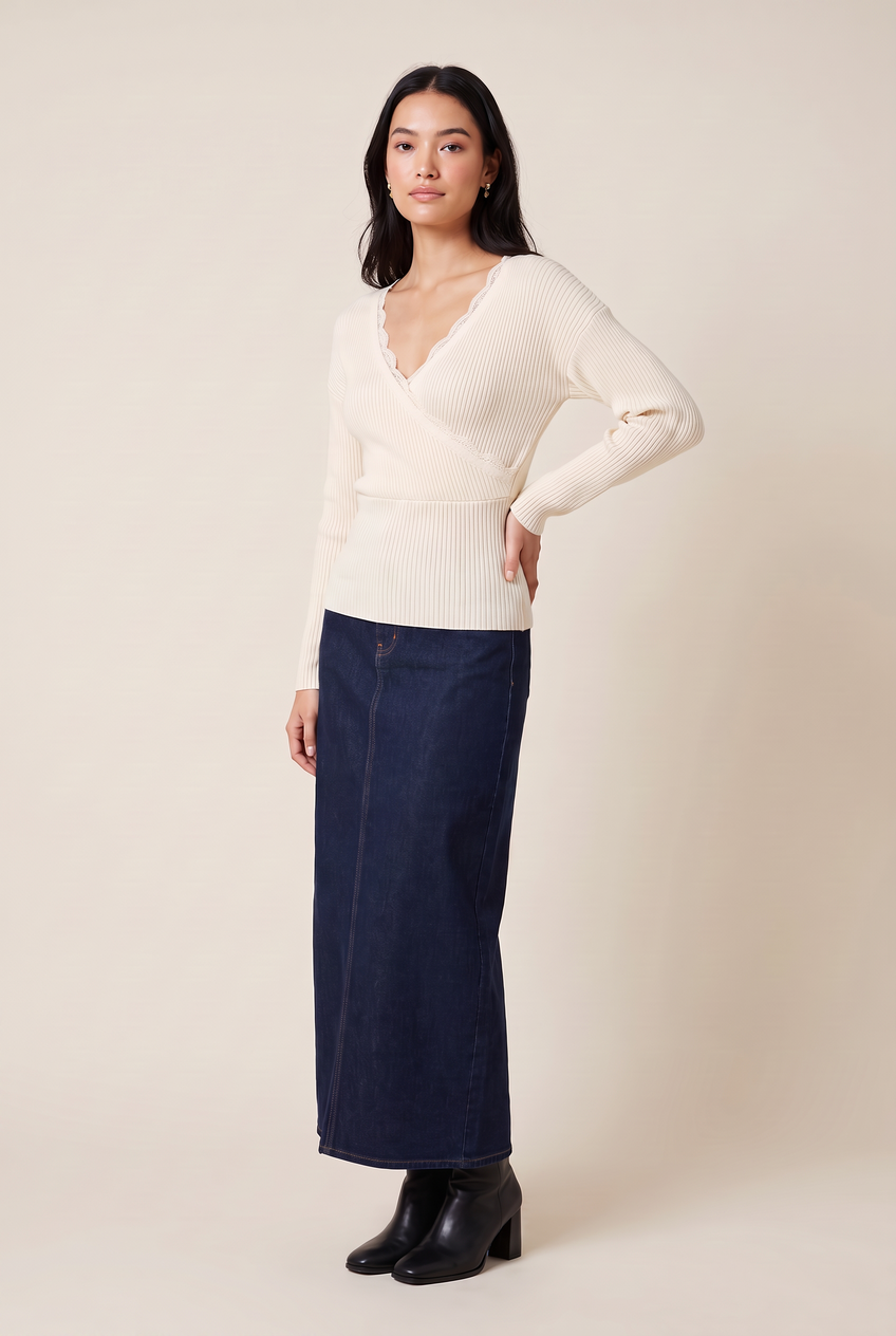 Kovelle lace trim wrap knit top in cream, three-quarter view on model