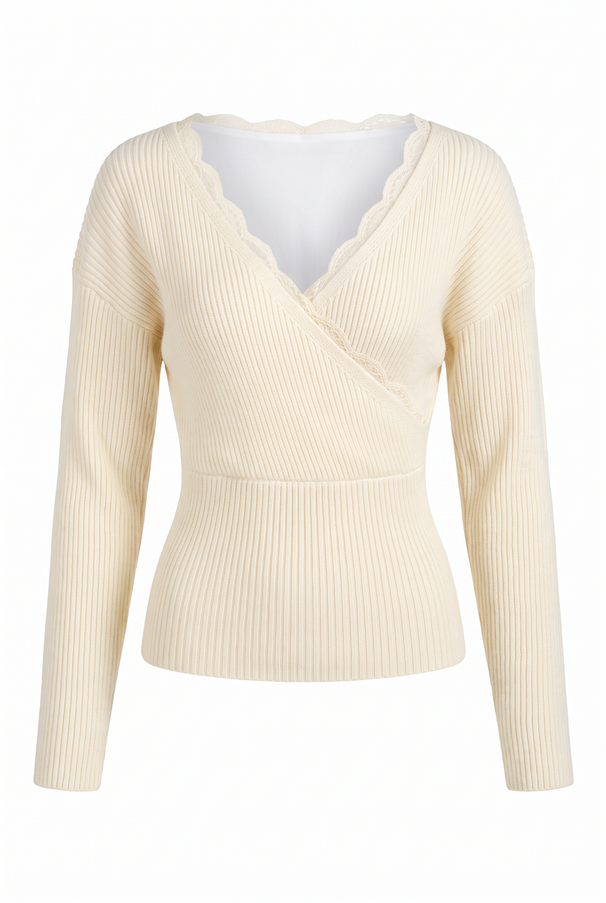 Kovelle lace trim wrap knit top in cream, flat product view showing the full garment