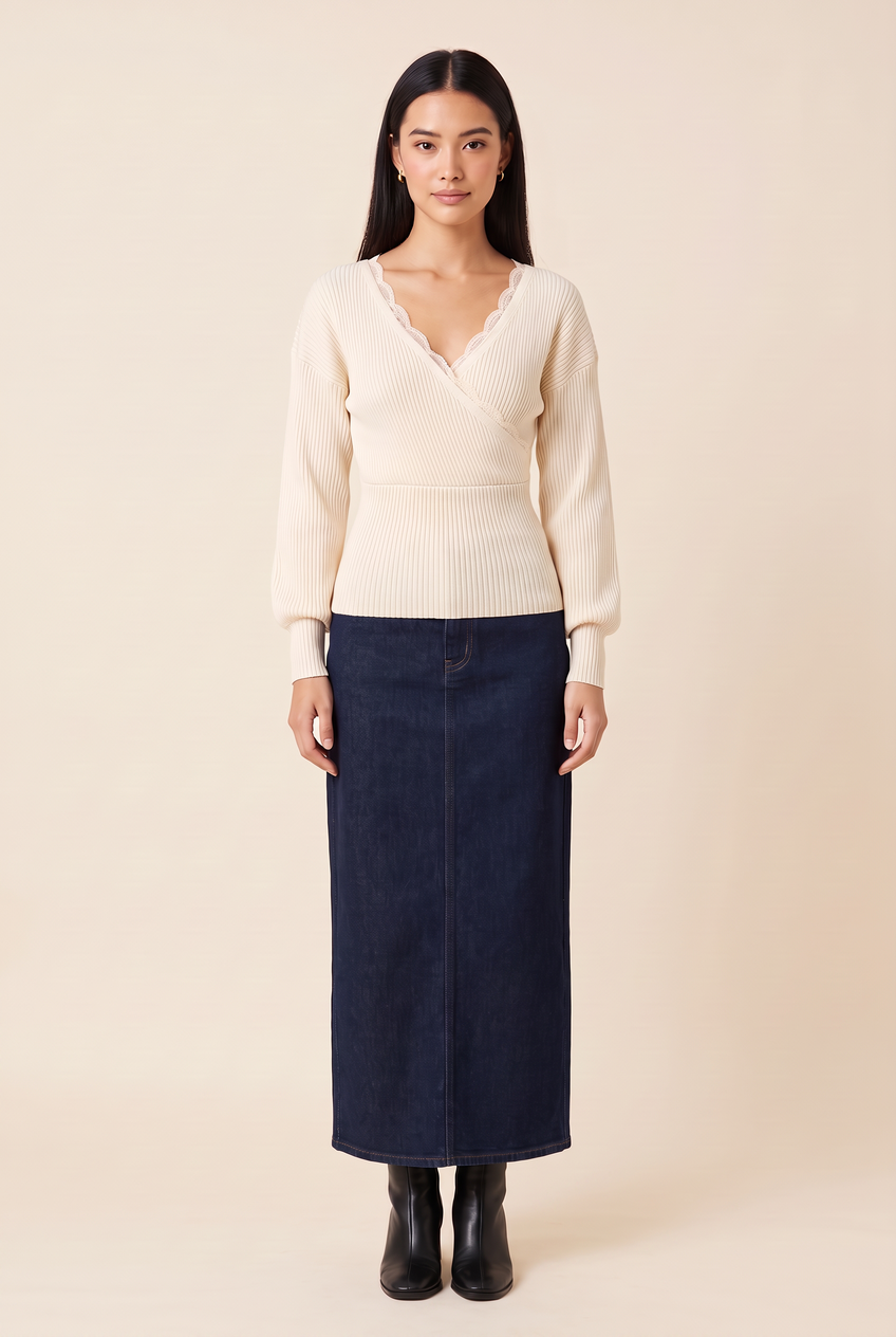 Kovelle lace trim wrap knit top in cream, front view on model
