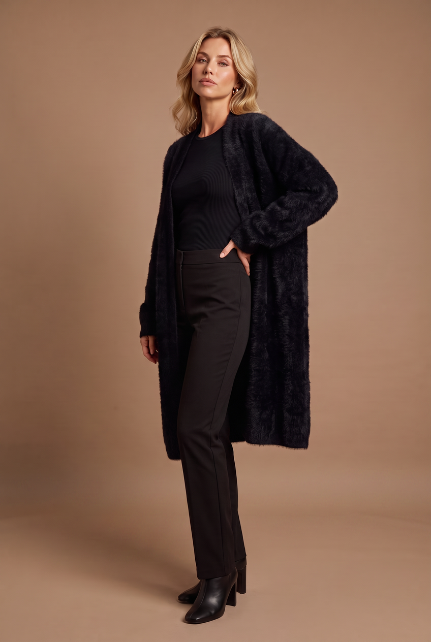 Kovelle longline fluffy cardigan in black, front view on model