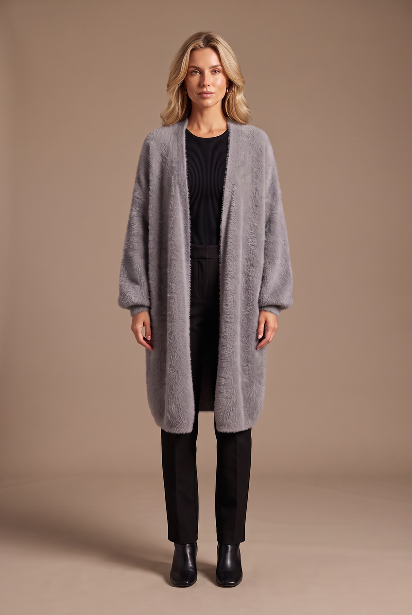 Kovelle longline fluffy cardigan in grey, front view on model