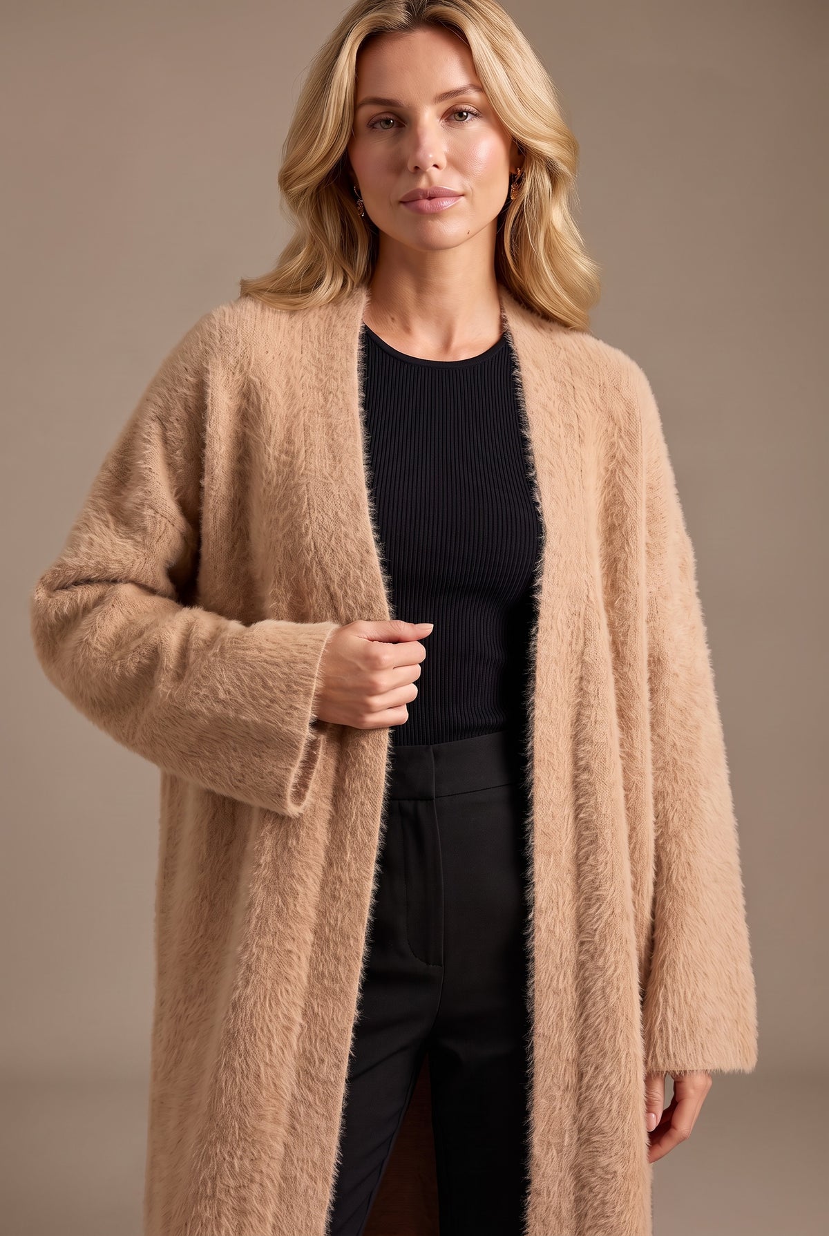 Kovelle longline fluffy cardigan in camel, close-up detail on model