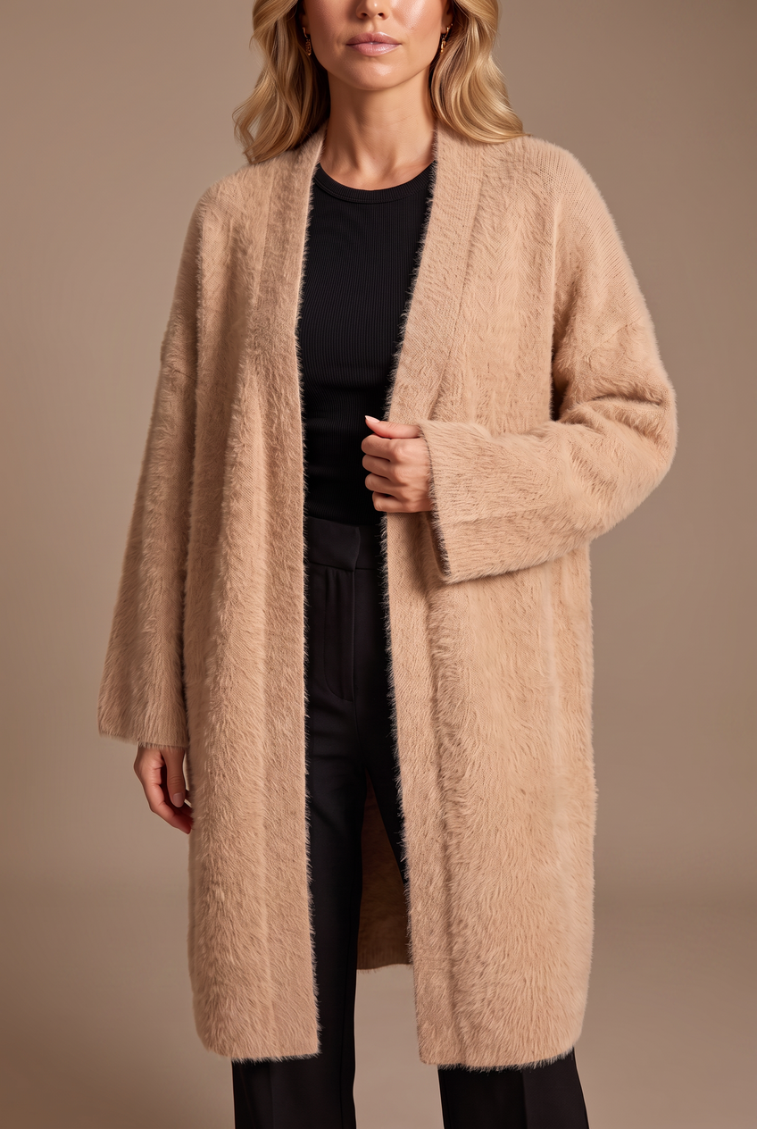 Kovelle longline fluffy cardigan in camel, close-up detail on model