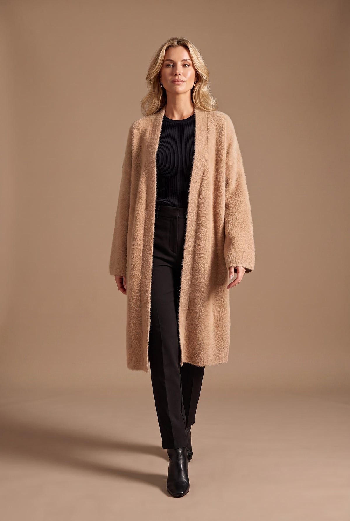Kovelle longline fluffy cardigan in camel, walking, full length on model