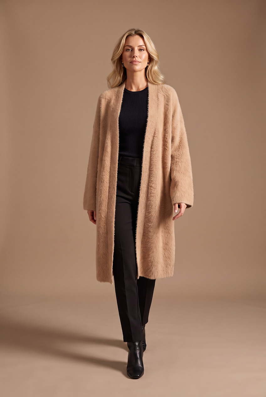 Kovelle longline fluffy cardigan in camel, walking, full length on model
