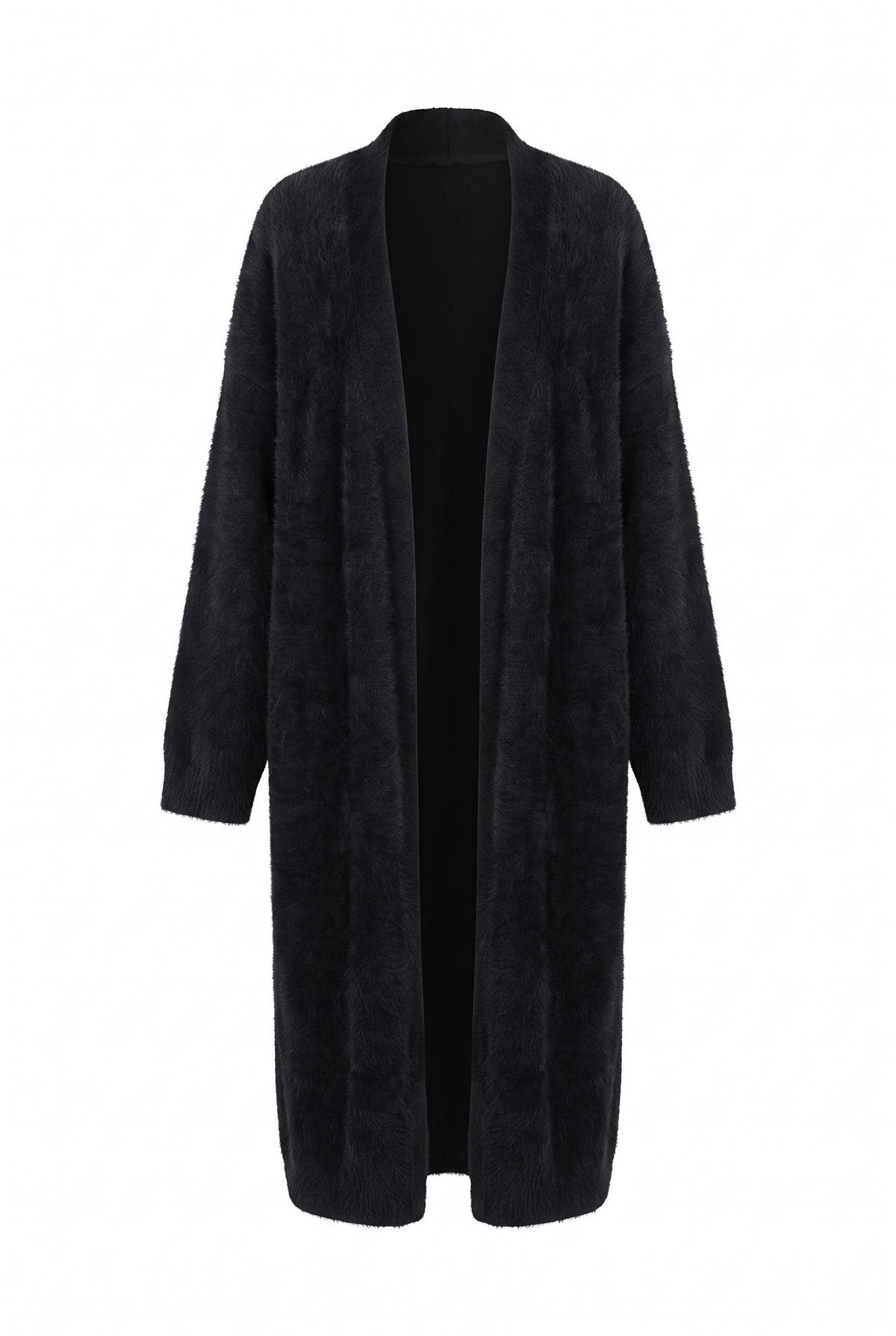 Kovelle longline fluffy cardigan in black, flat product view