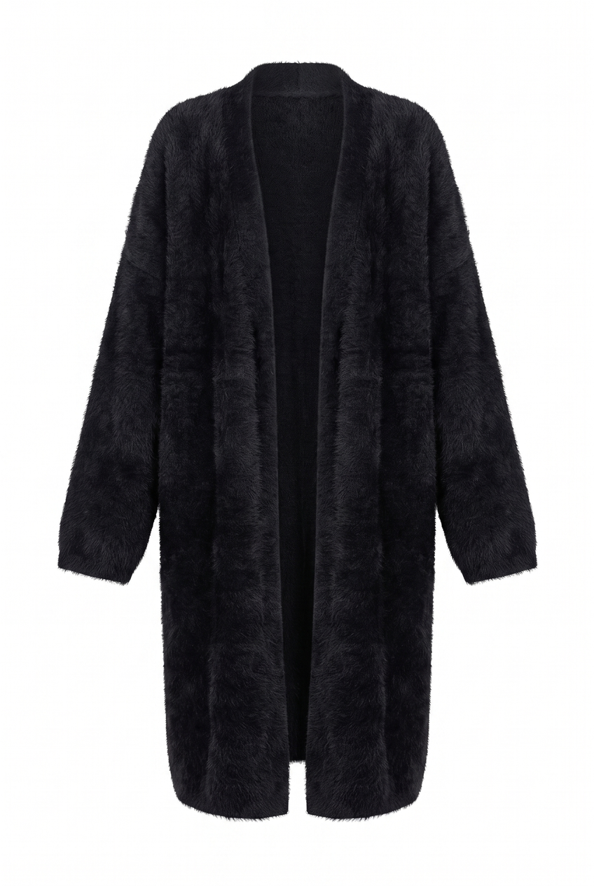 Kovelle longline fluffy cardigan in black, flat product view