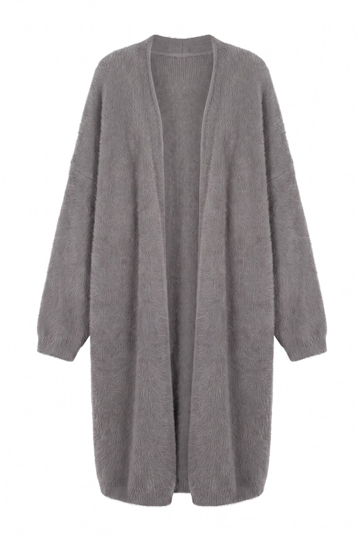 Kovelle longline fluffy cardigan in grey, flat product view