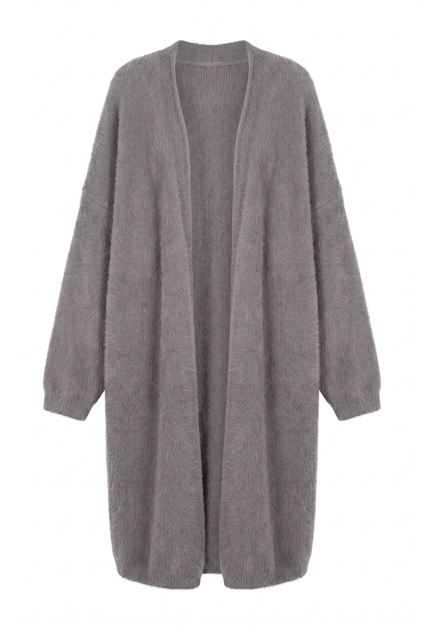 Kovelle longline fluffy cardigan in grey, flat product view