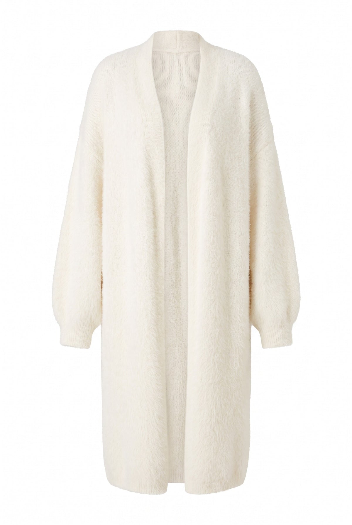 Kovelle longline fluffy cardigan in cream, flat product view