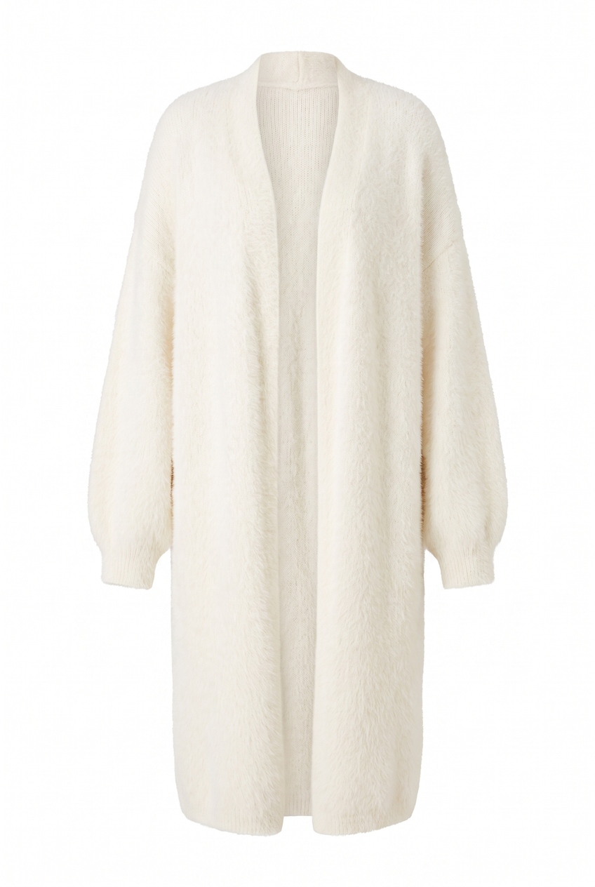 Kovelle longline fluffy cardigan in cream, flat product view