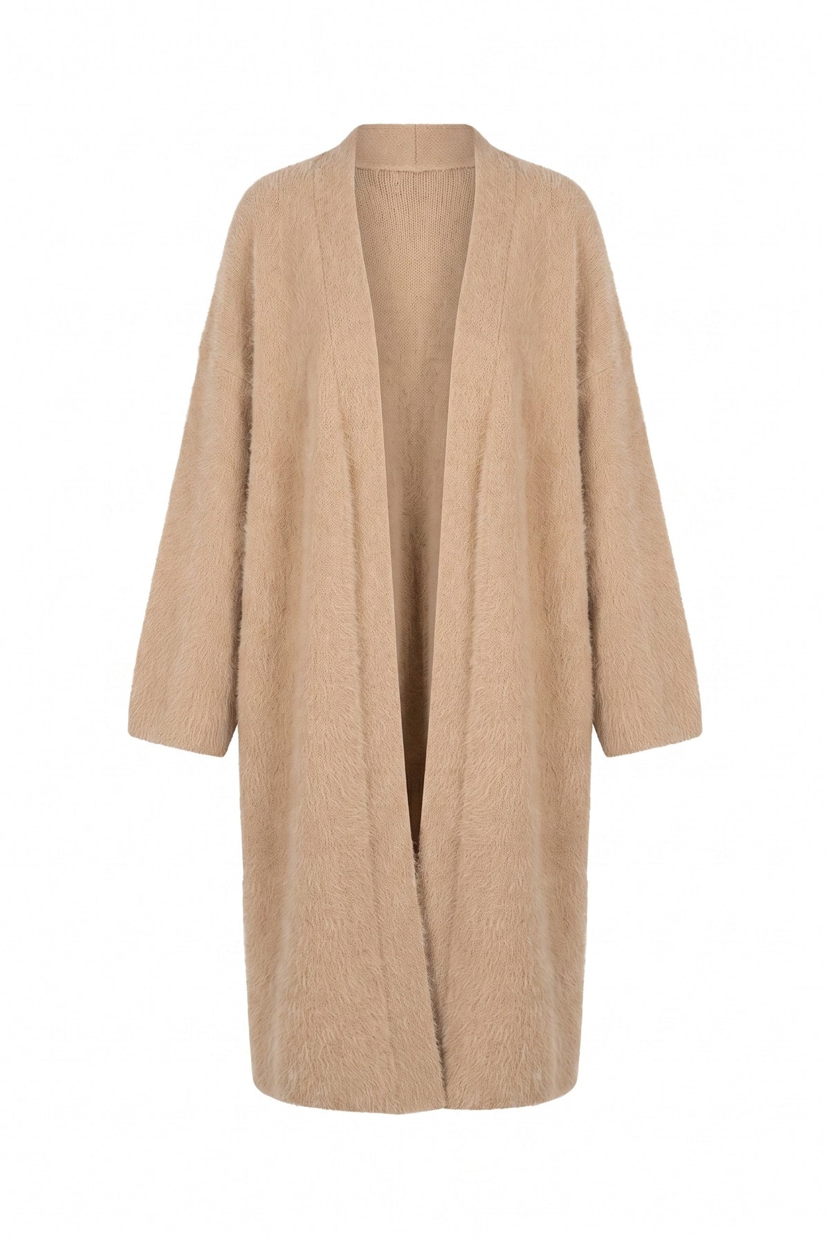 Kovelle longline fluffy cardigan in camel, flat product view showing the full garment